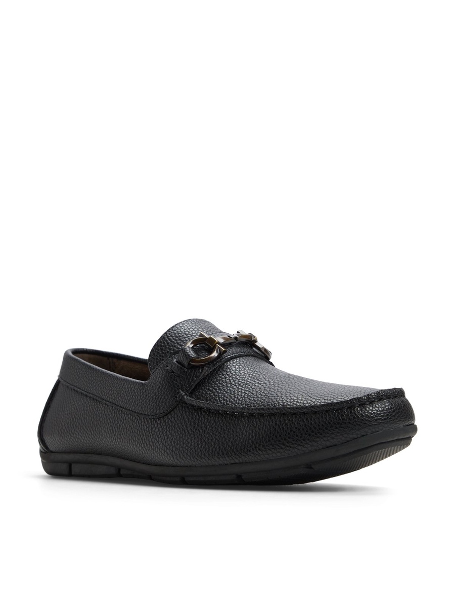 Men Black Textured Loafers with Metal Buckle