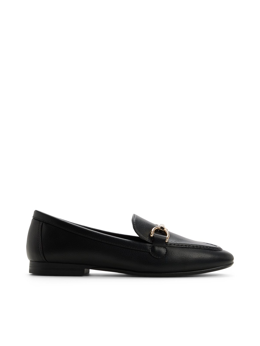 Women Black Flat Loafers with Gold Buckle Detail