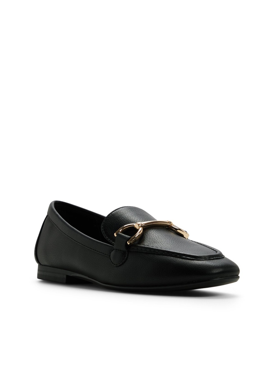 Women Black Flat Loafers with Gold Buckle Detail
