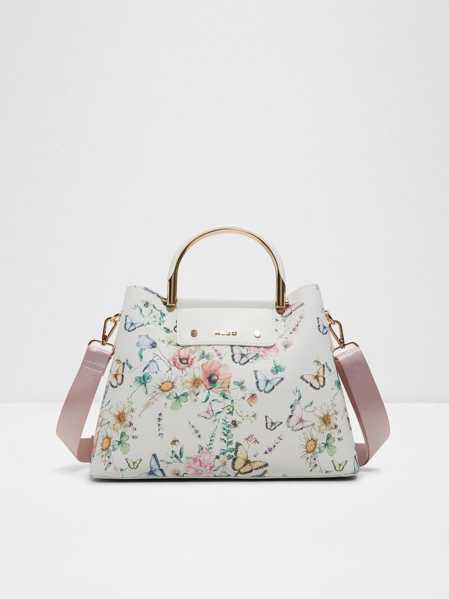Floral and Butterfly Print Crossbody Bag with Pink Strap