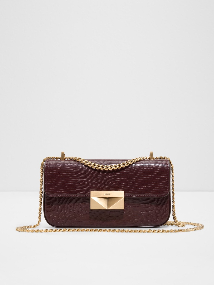 Maroon Embossed Crossbody Bag with Gold Chain