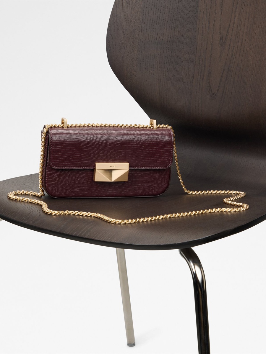 Maroon Embossed Crossbody Bag with Gold Chain