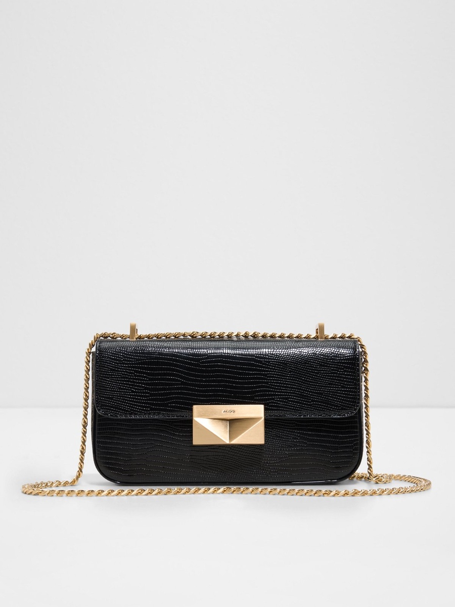 Black Lizard-Effect Crossbody Bag with Gold Chain