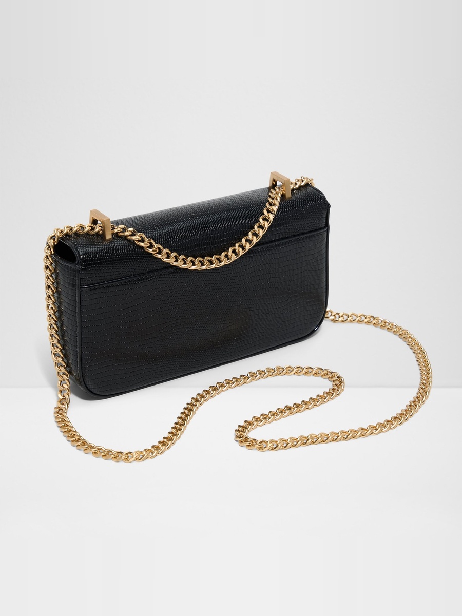 Black Lizard-Effect Crossbody Bag with Gold Chain
