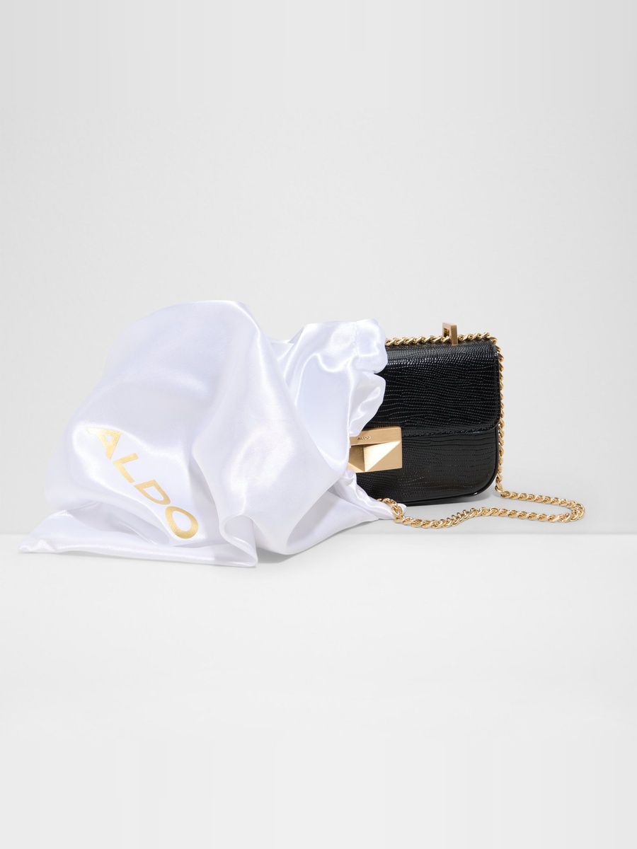 Black Lizard-Effect Crossbody Bag with Gold Chain