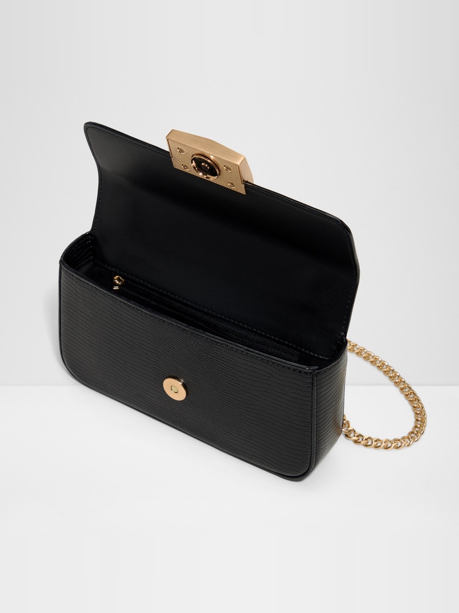 Black Lizard-Effect Crossbody Bag with Gold Chain