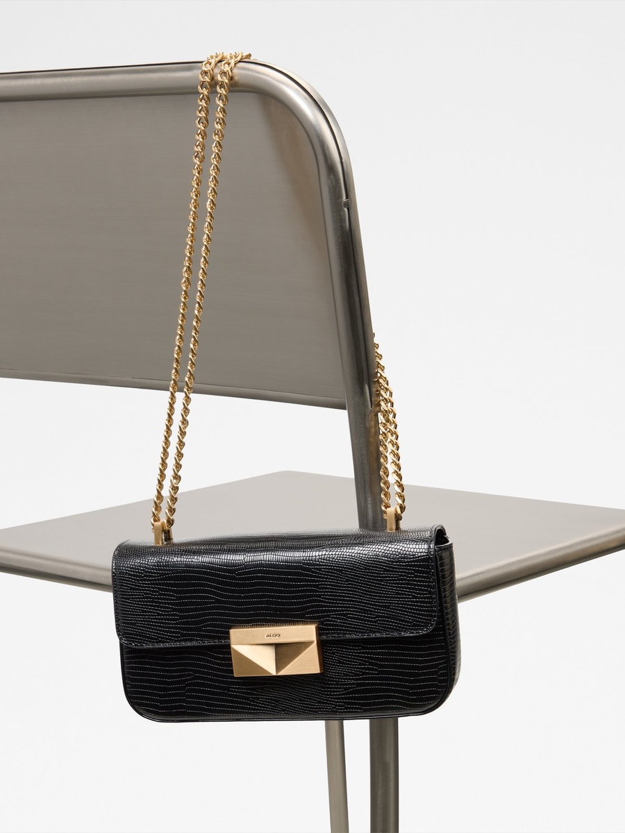 Black Lizard-Effect Crossbody Bag with Gold Chain