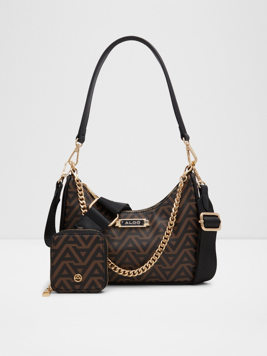Women Brown Monogram Crossbody Bag with Chain Detail