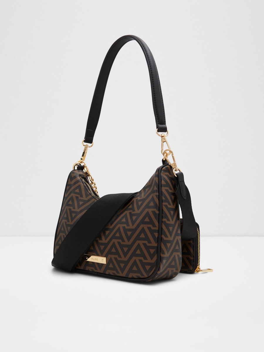 Women Brown Monogram Crossbody Bag with Chain Detail