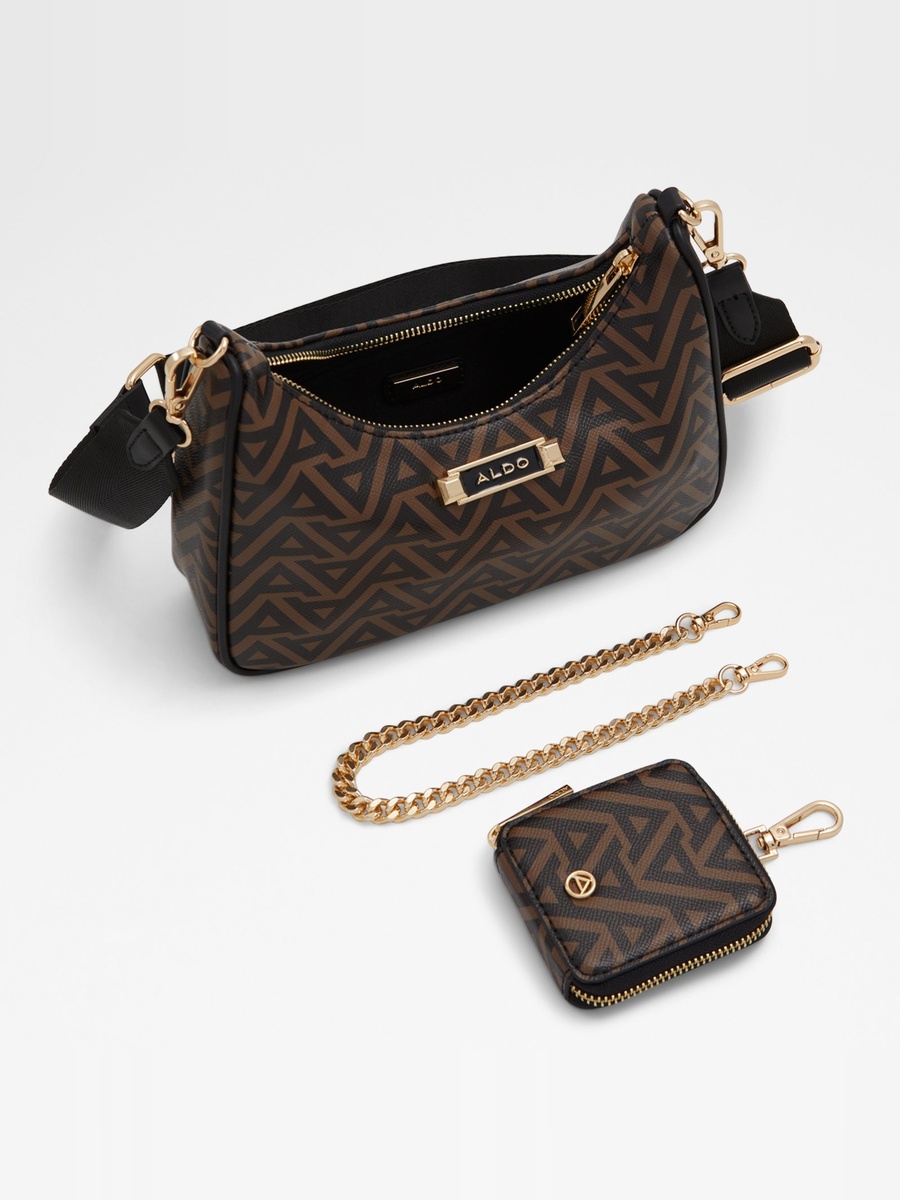 Women Brown Monogram Crossbody Bag with Chain Detail