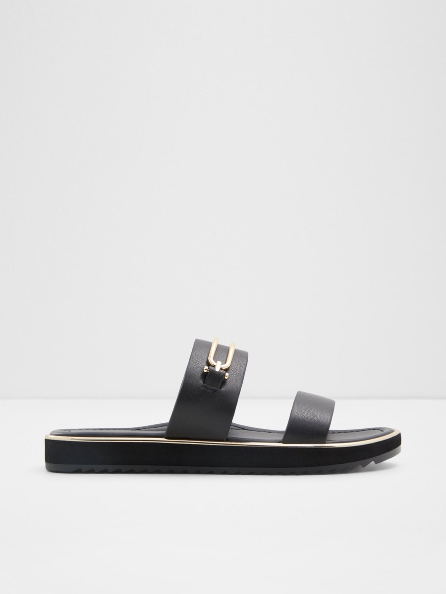 Women Charcoal Flat Sandals with Gold Buckle Detail