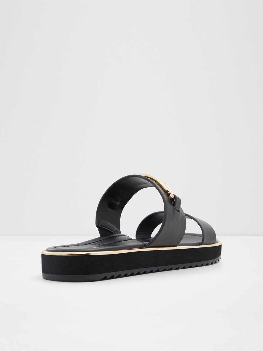 Women Charcoal Flat Sandals with Gold Buckle Detail