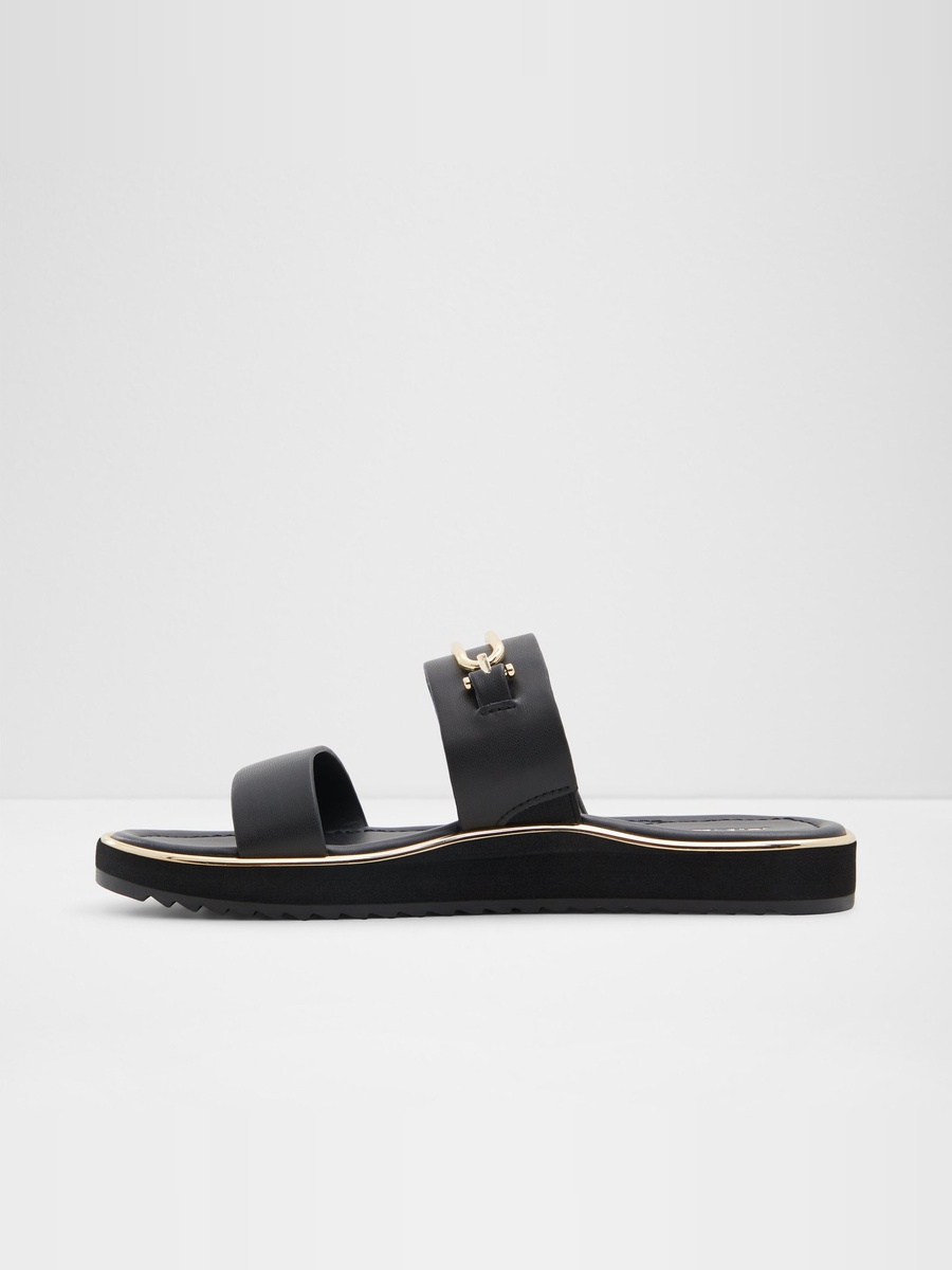 Women Charcoal Flat Sandals with Gold Buckle Detail