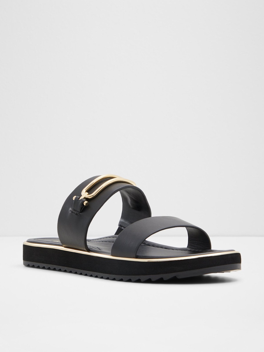Women Charcoal Flat Sandals with Gold Buckle Detail