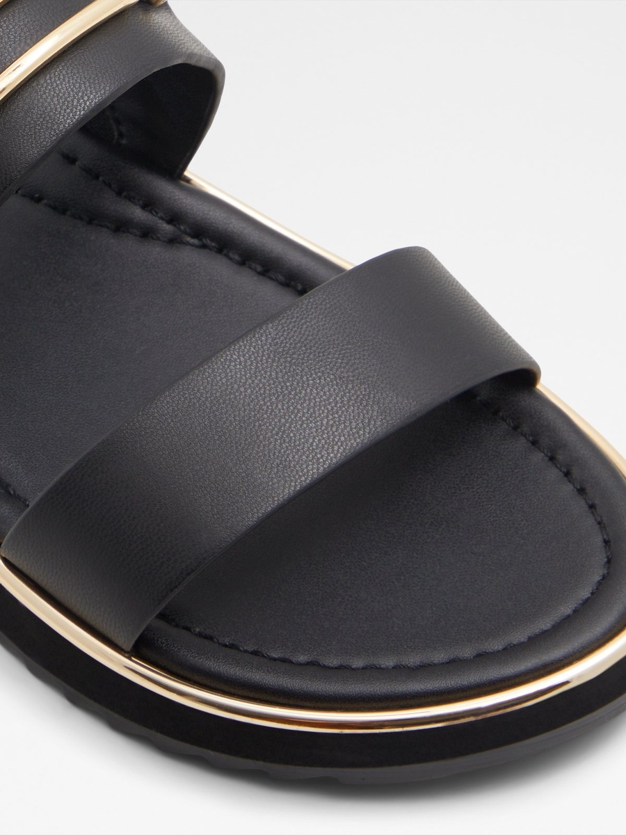 Women Charcoal Flat Sandals with Gold Buckle Detail