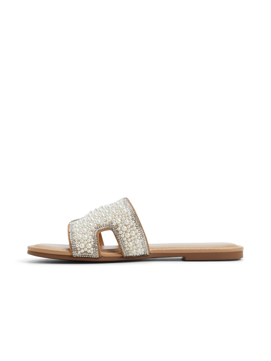 Women Light Blue Pearl Embellished Flat Sandals