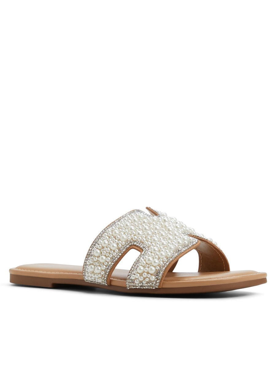 Women Light Blue Pearl Embellished Flat Sandals