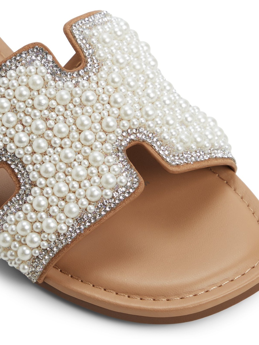 Women Light Blue Pearl Embellished Flat Sandals