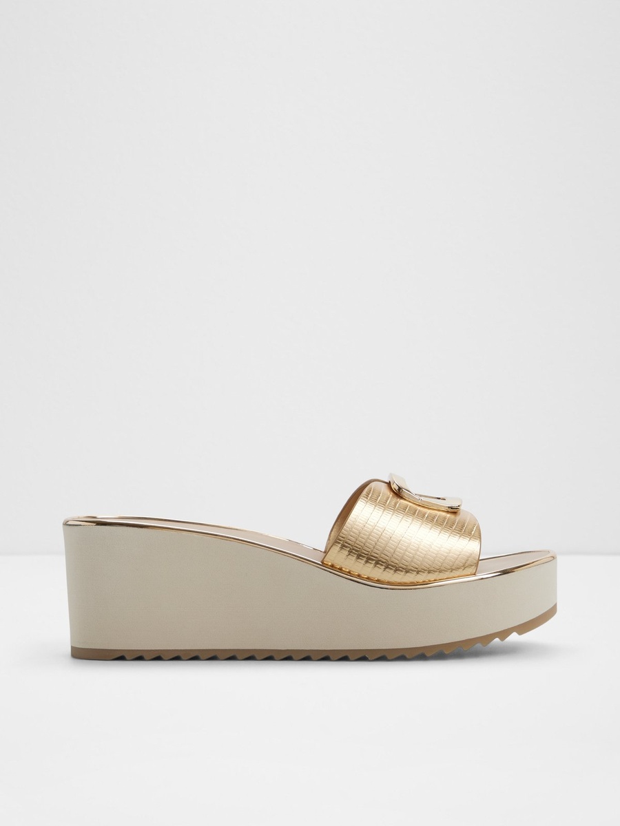 Women Gold Textured Flat Platform Sandals