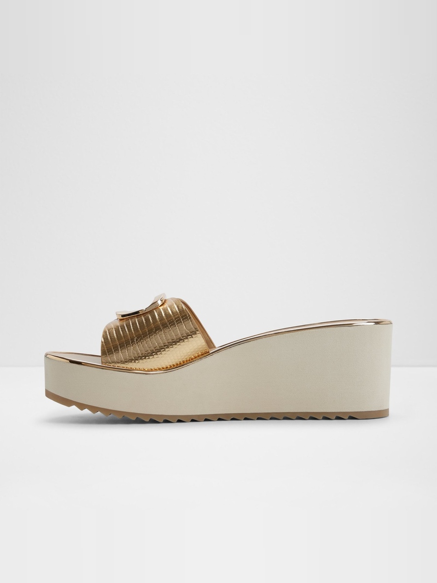Women Gold Textured Flat Platform Sandals