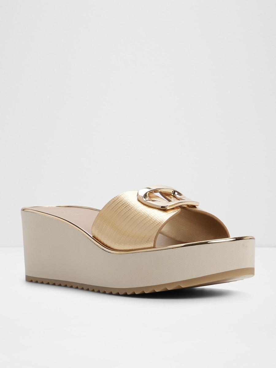 Women Gold Textured Flat Platform Sandals