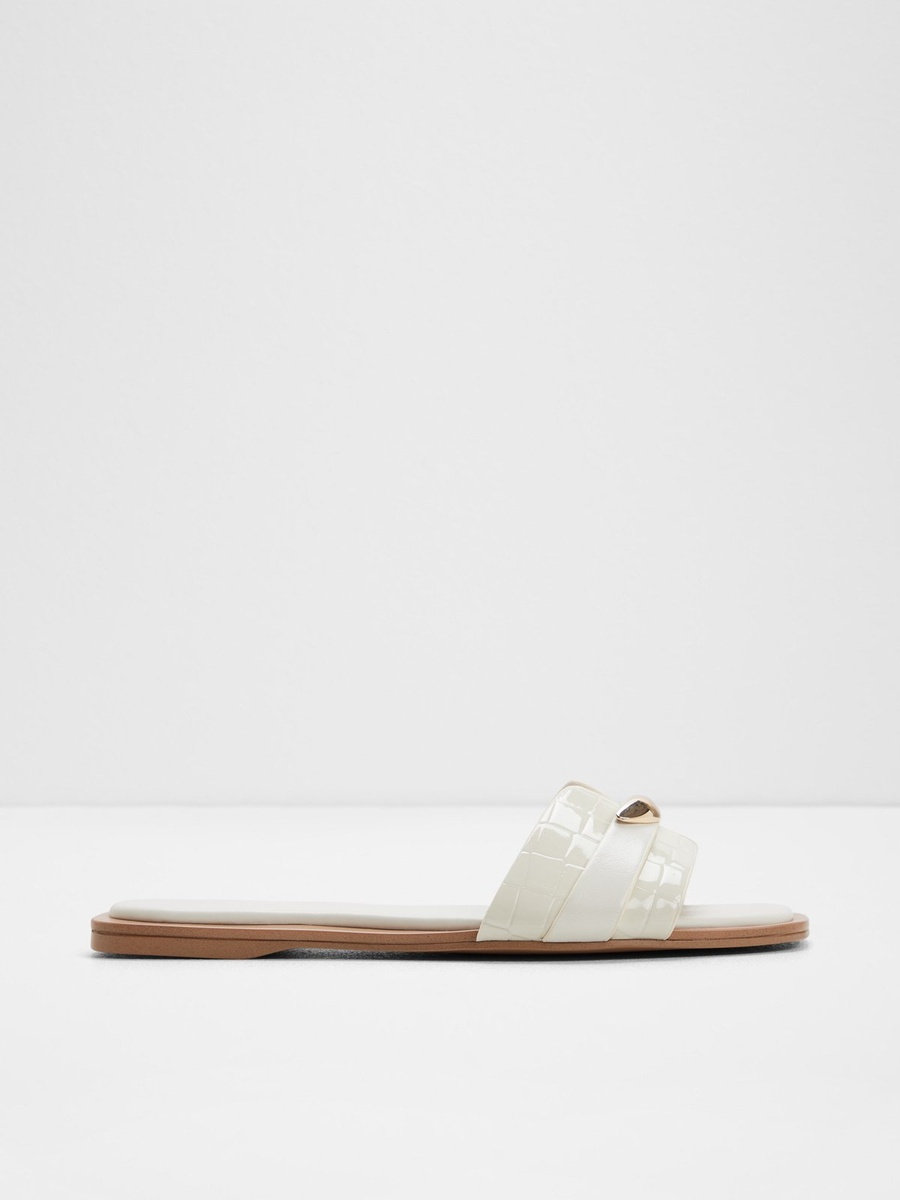 White Croc-Embossed Flat Sandals