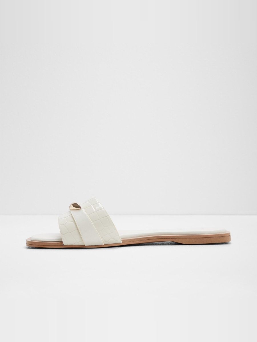 White Croc-Embossed Flat Sandals