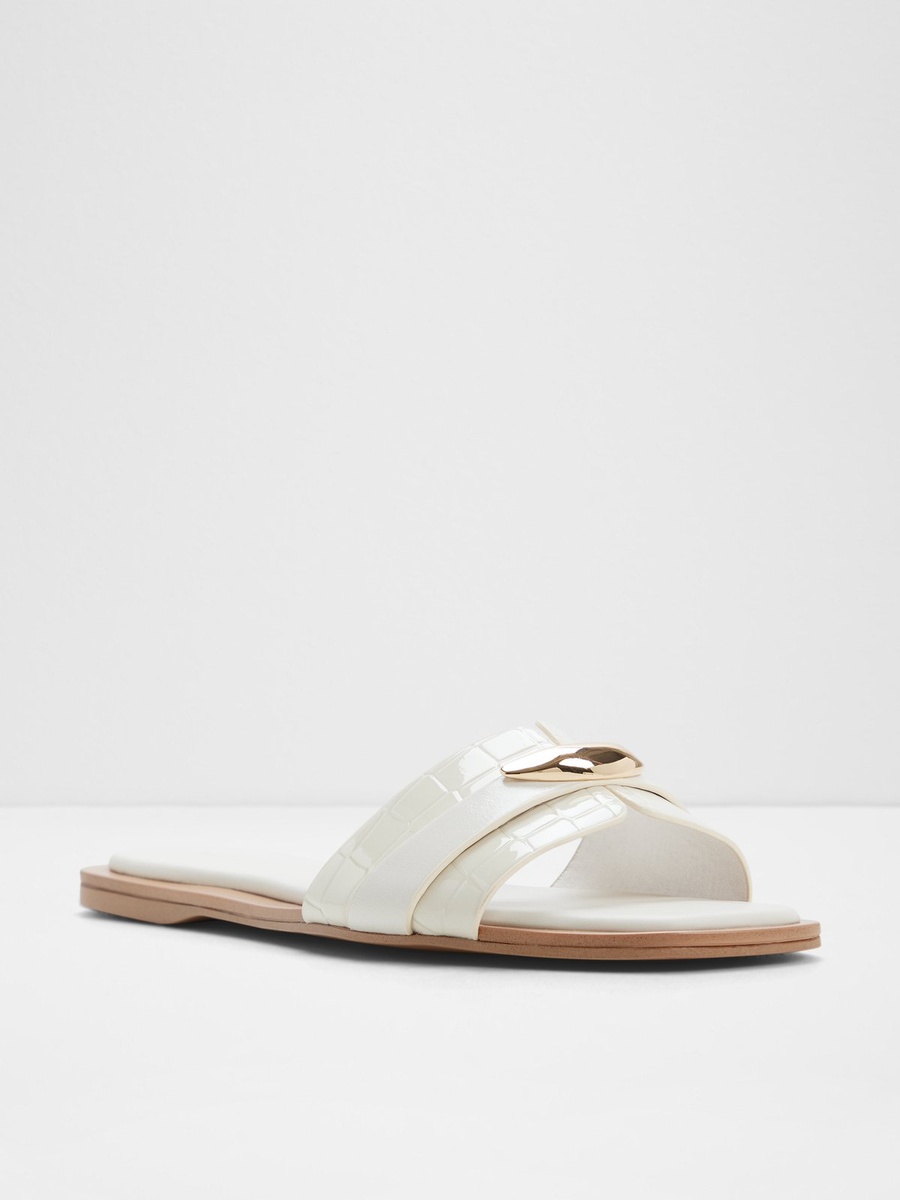 White Croc-Embossed Flat Sandals