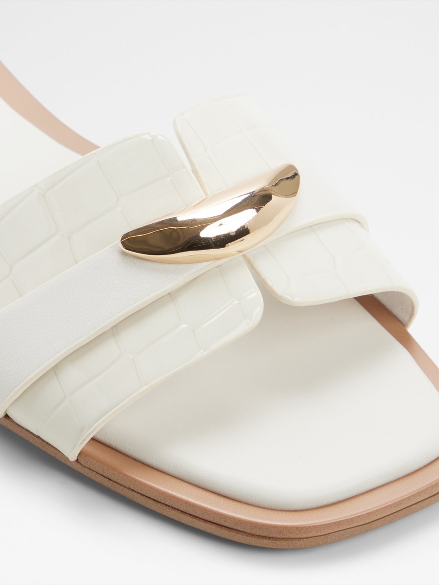 White Croc-Embossed Flat Sandals