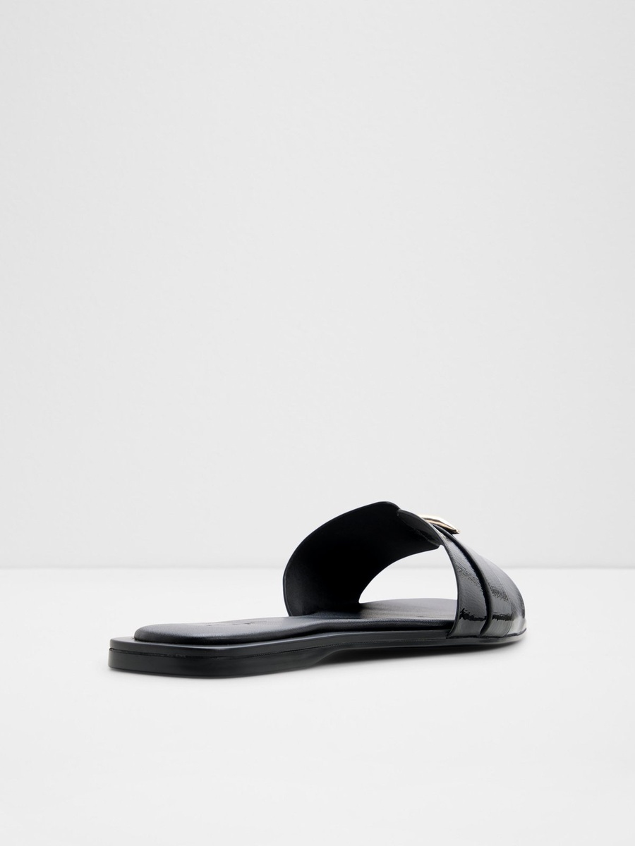 Black Patent Flat Sandals with Gold Detail