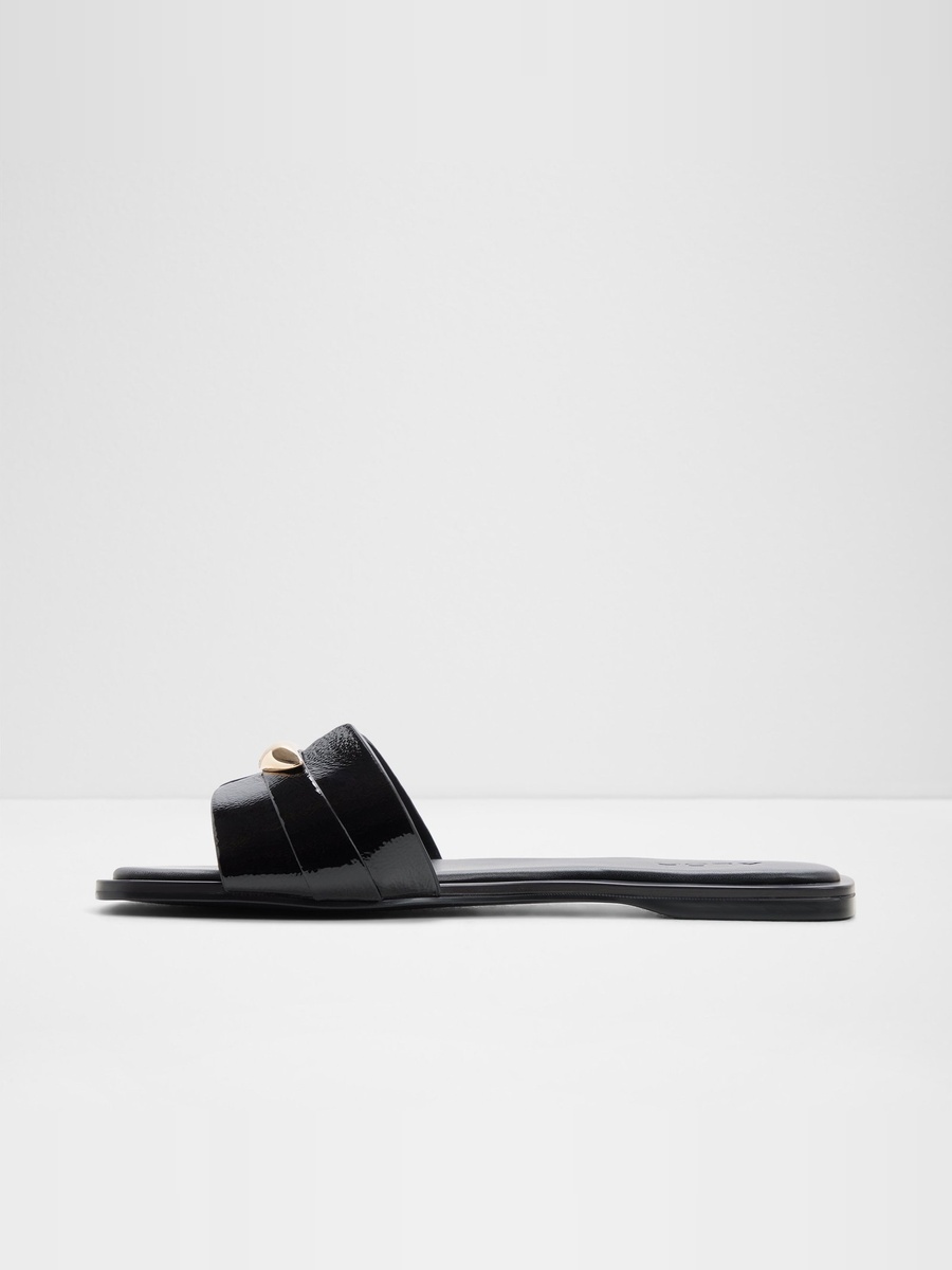 Black Patent Flat Sandals with Gold Detail