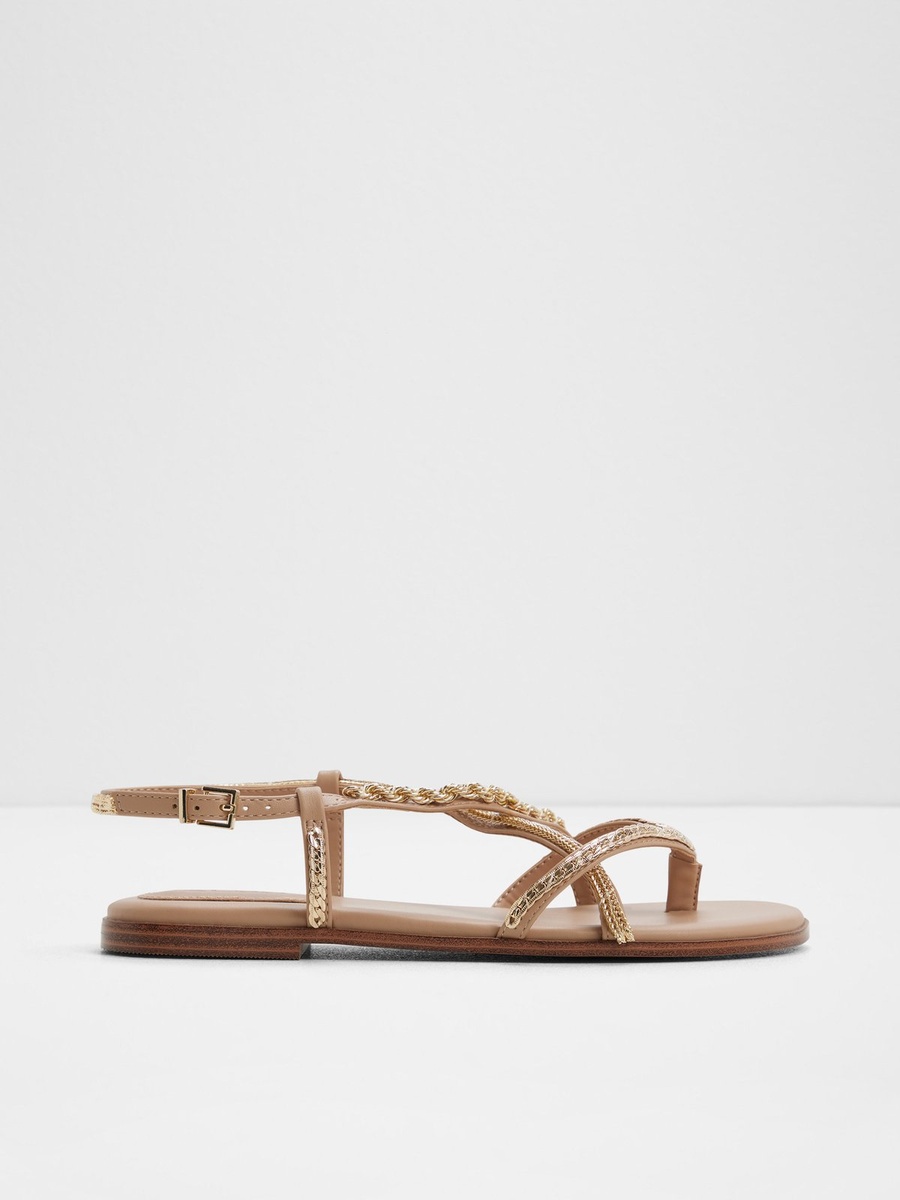 Beige Gold Chain Embellished Flat Sandals