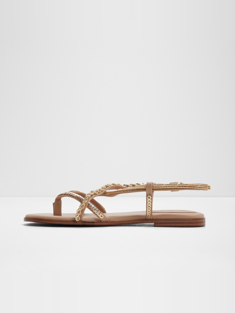 Beige Gold Chain Embellished Flat Sandals