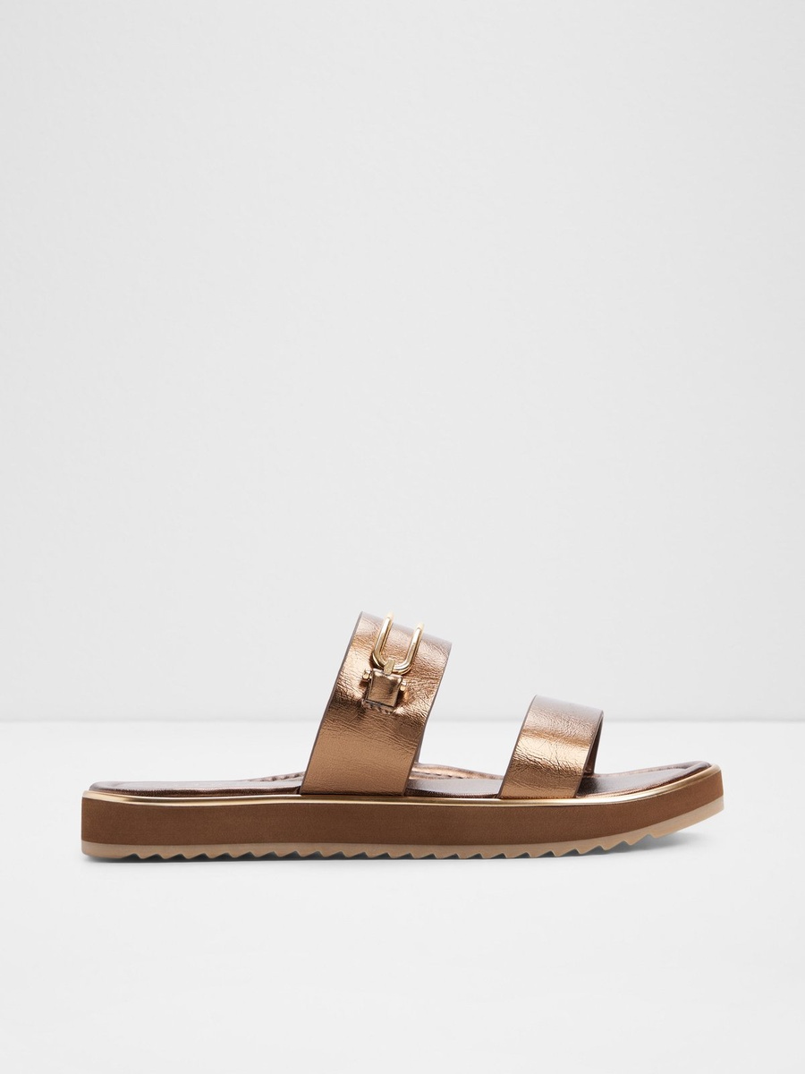 Bronze Metallic Dual Strap Flat Sandals