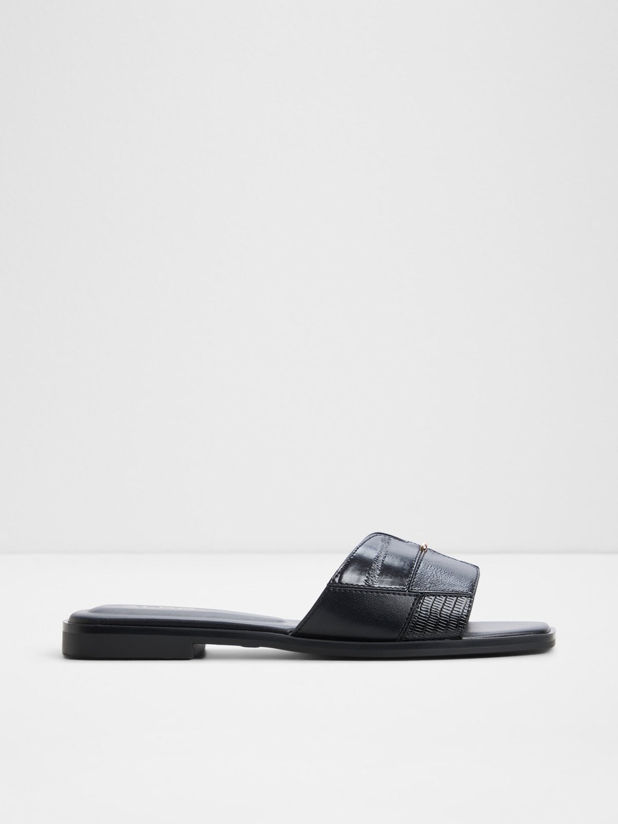Women Black Textured Flat Slides