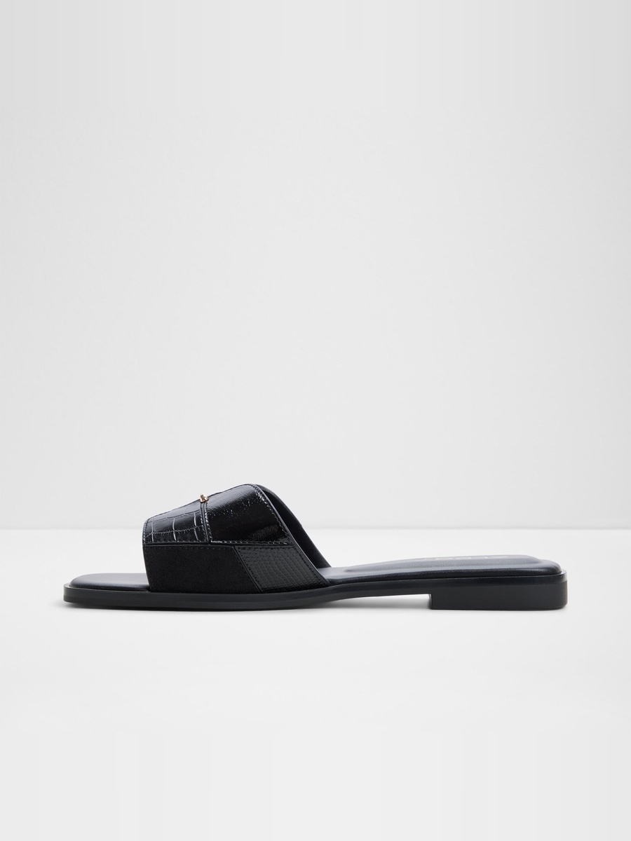 Women Black Textured Flat Slides