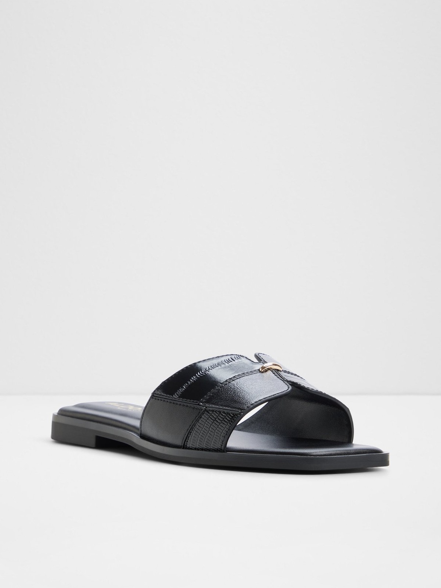 Women Black Textured Flat Slides