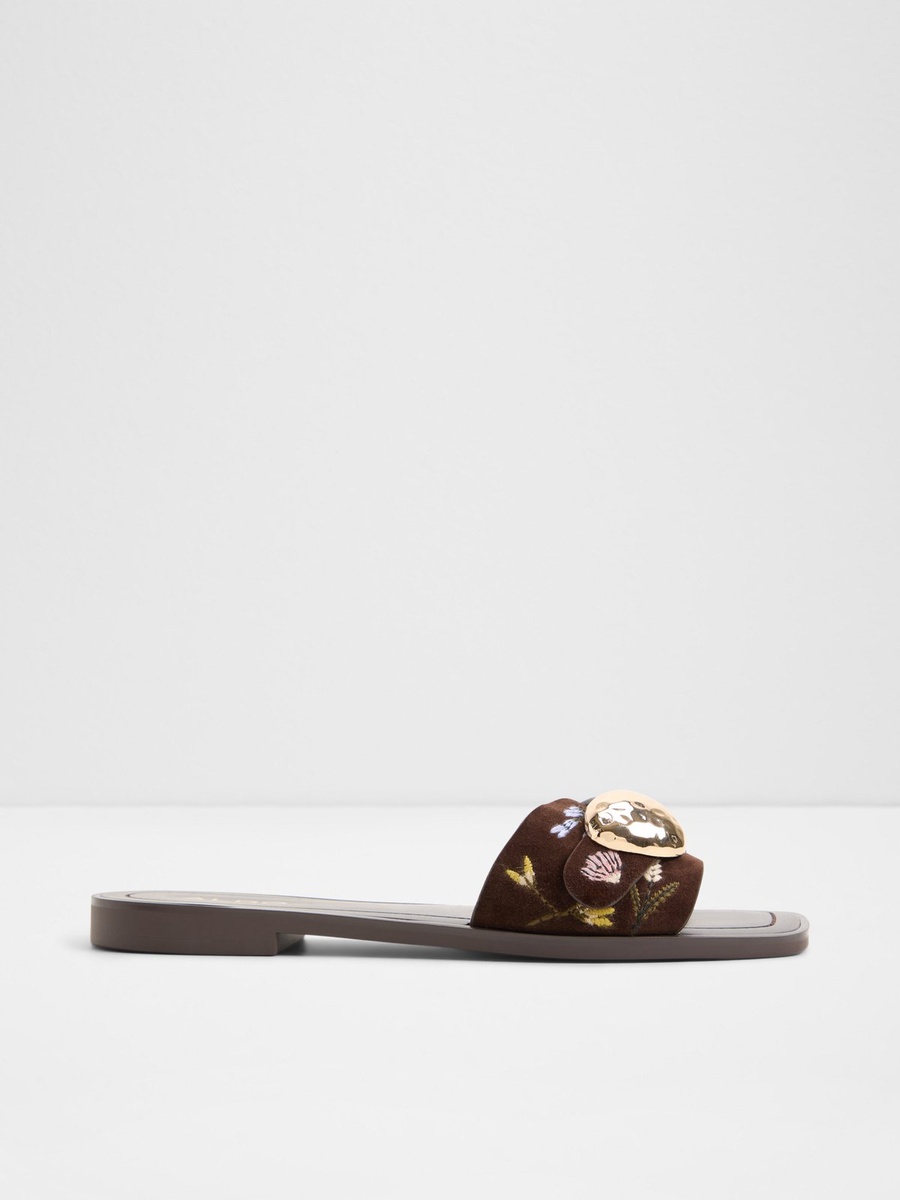 Women Coffee Brown Embellished Flat Sandals