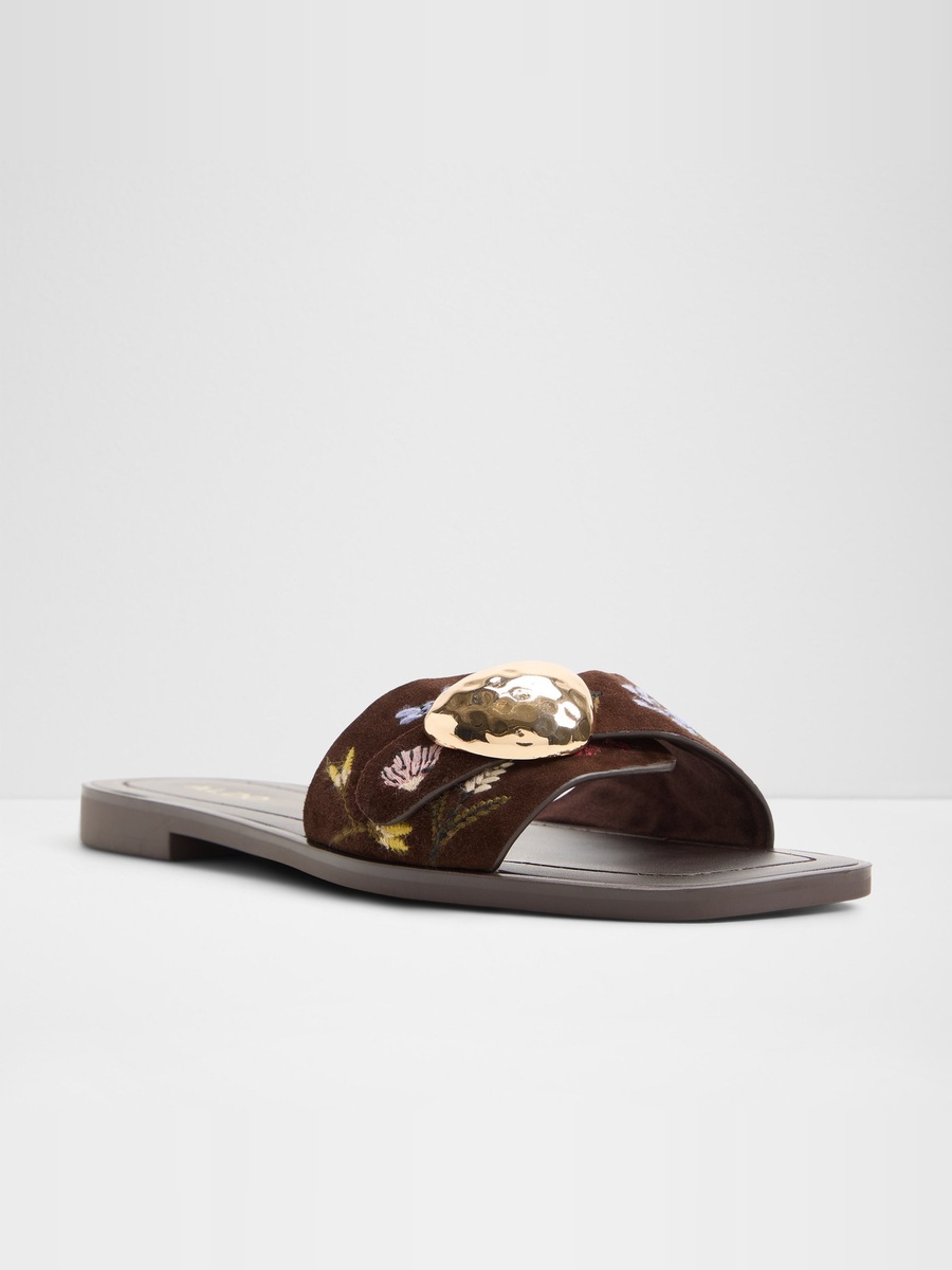 Women Coffee Brown Embellished Flat Sandals
