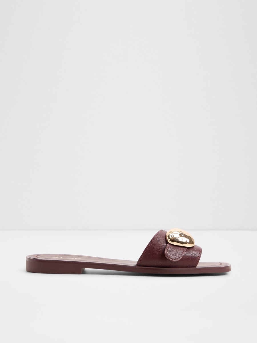 Women Burgundy Flat Sandals with Gold Buckle