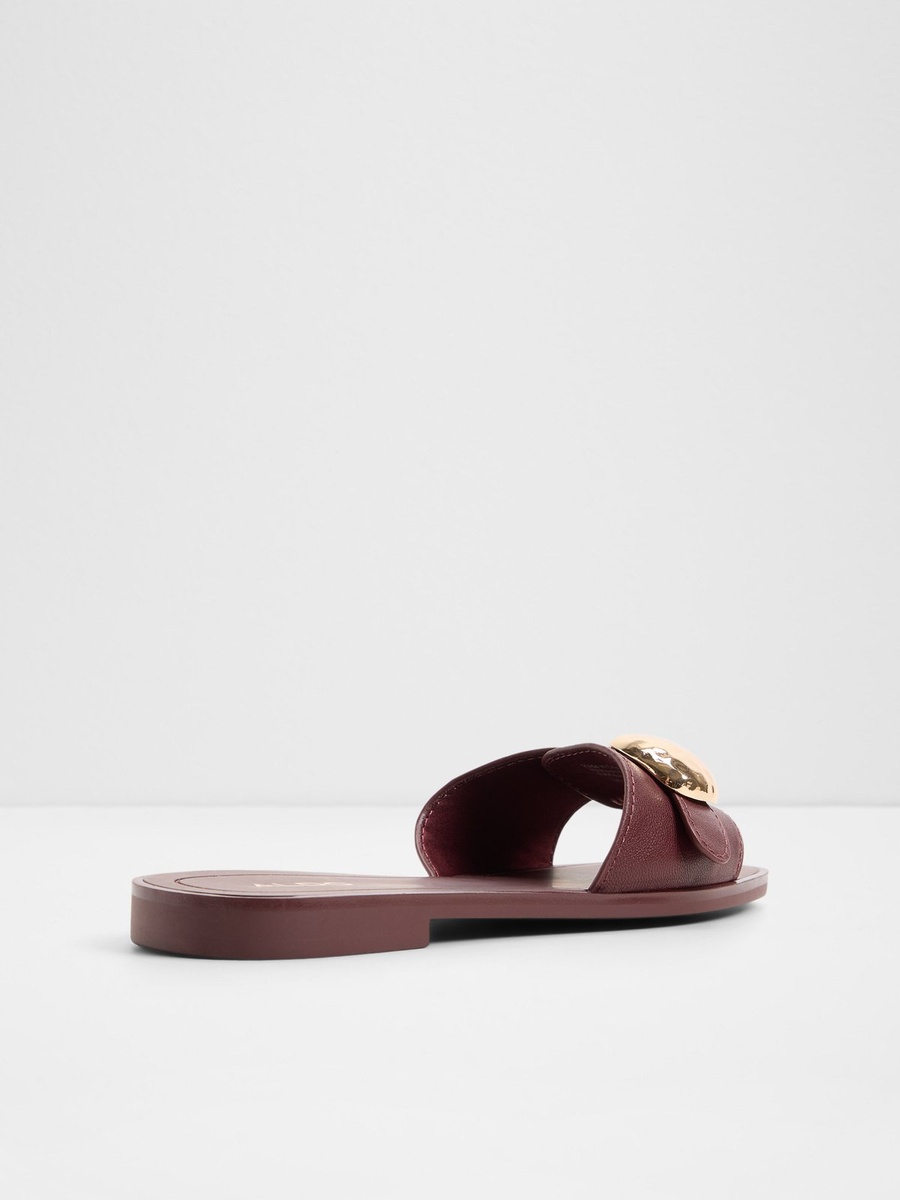 Women Burgundy Flat Sandals with Gold Buckle