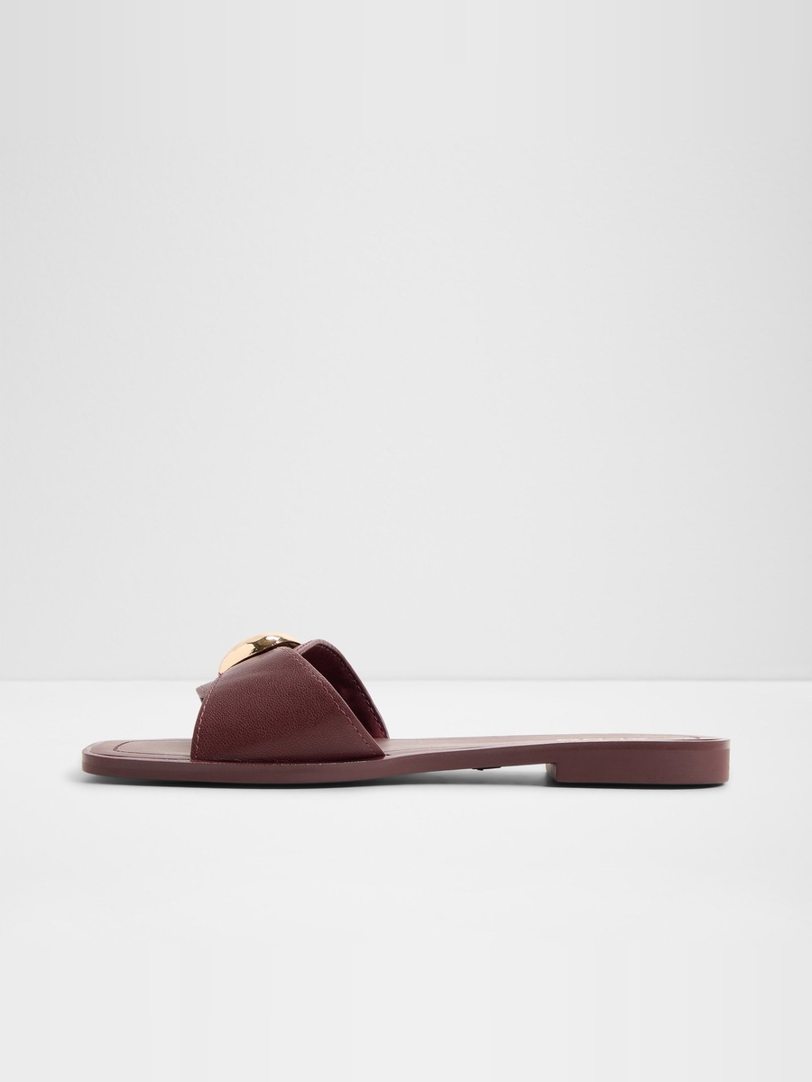 Women Burgundy Flat Sandals with Gold Buckle