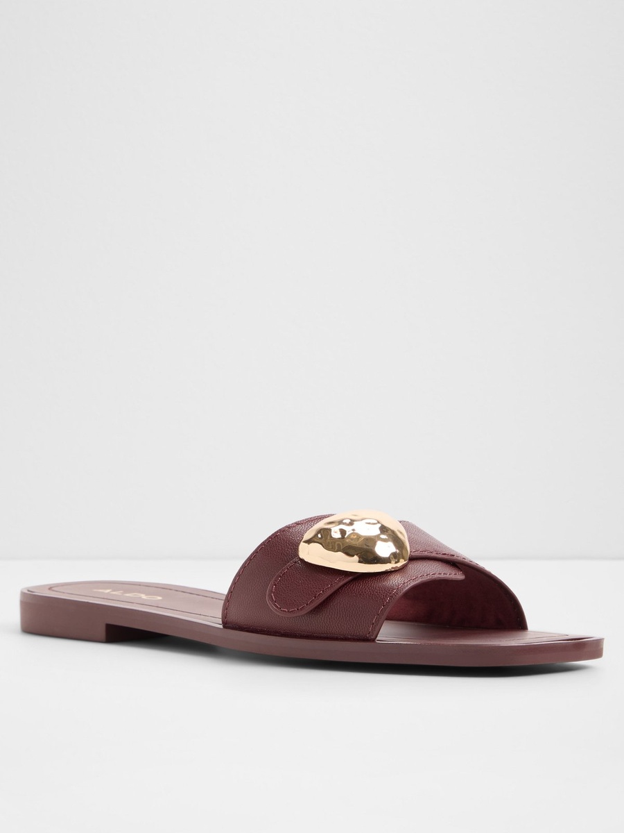 Women Burgundy Flat Sandals with Gold Buckle