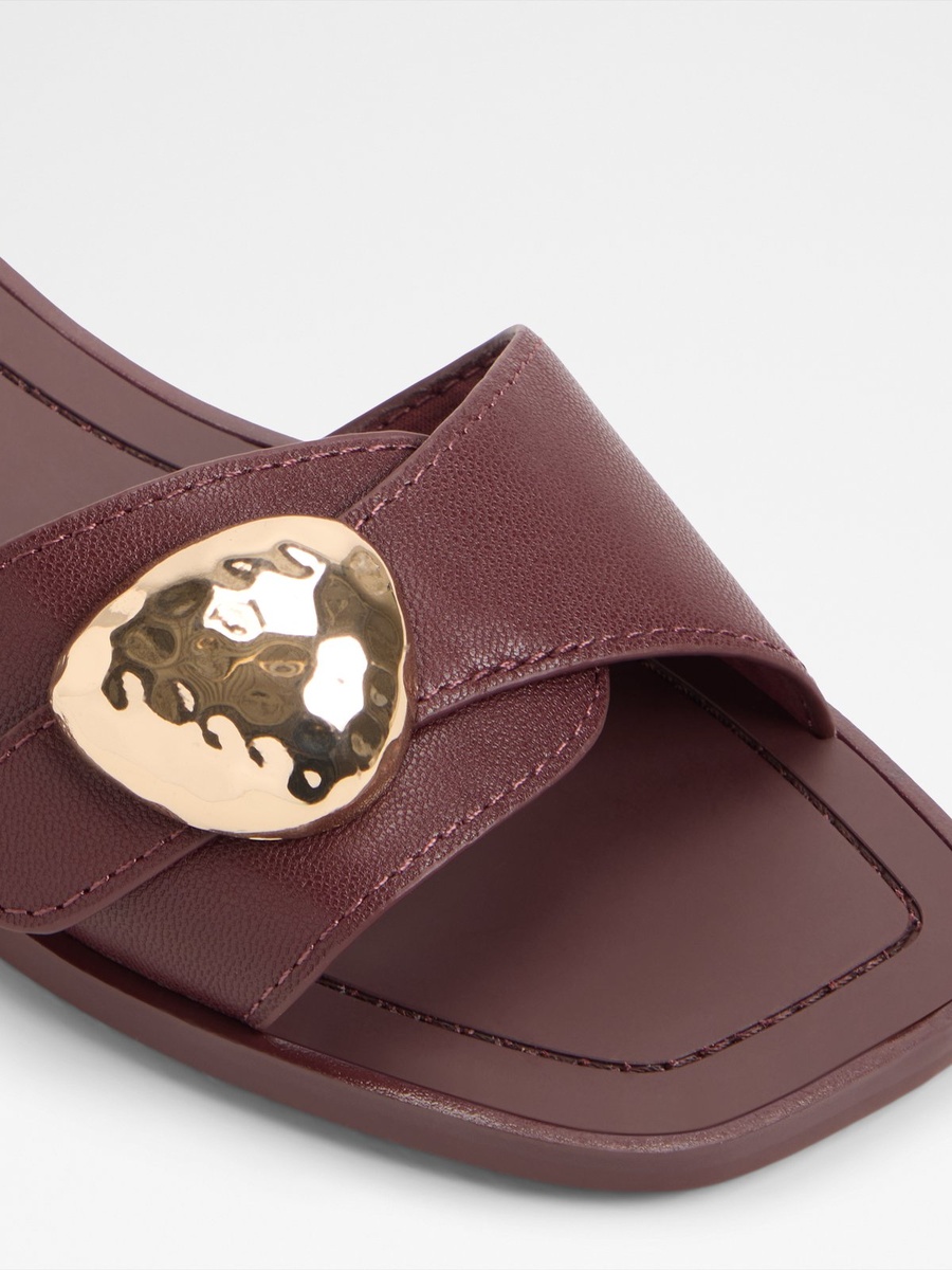 Women Burgundy Flat Sandals with Gold Buckle