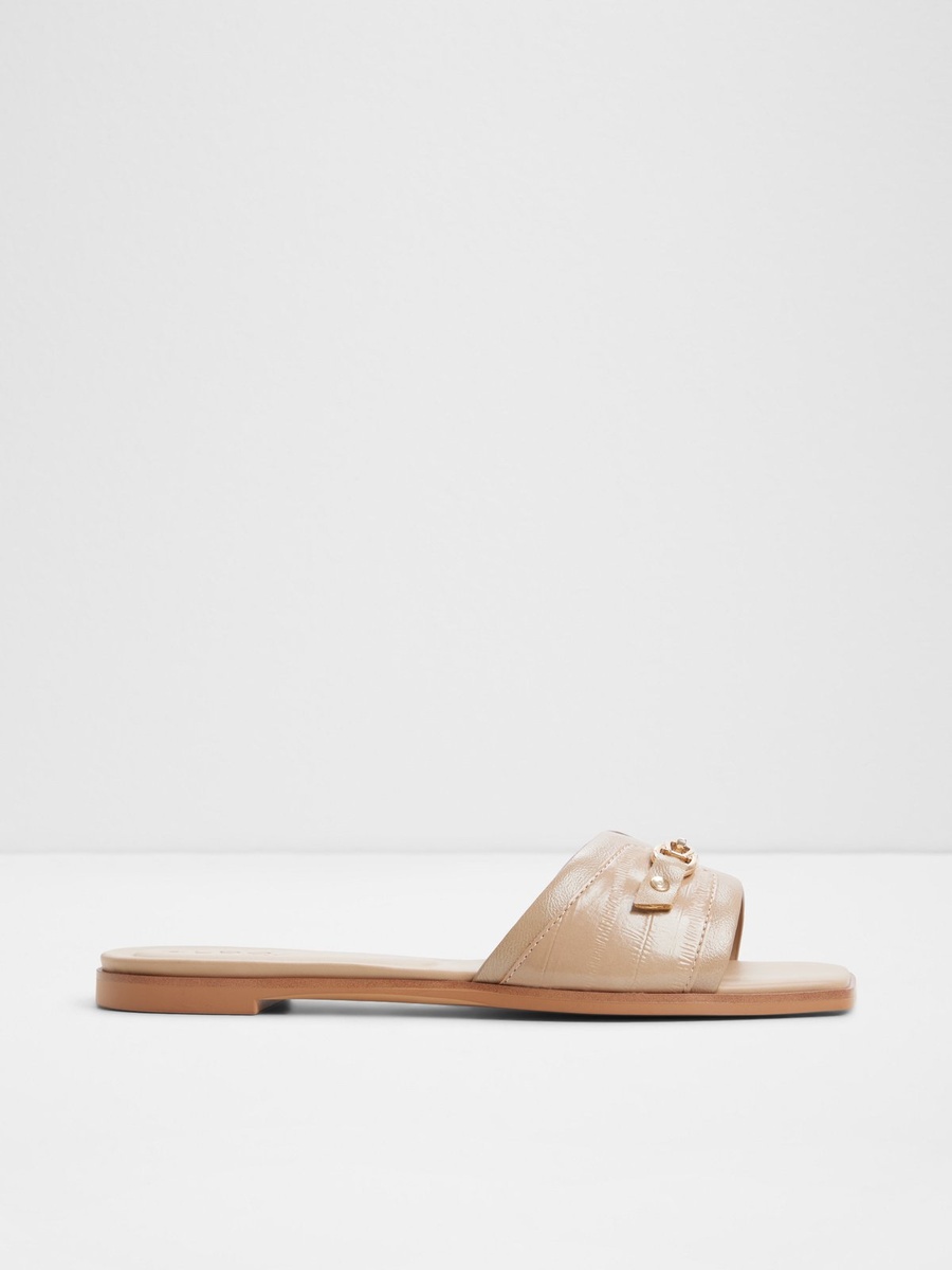 Beige Quilted Chain Detail Flat Sandals