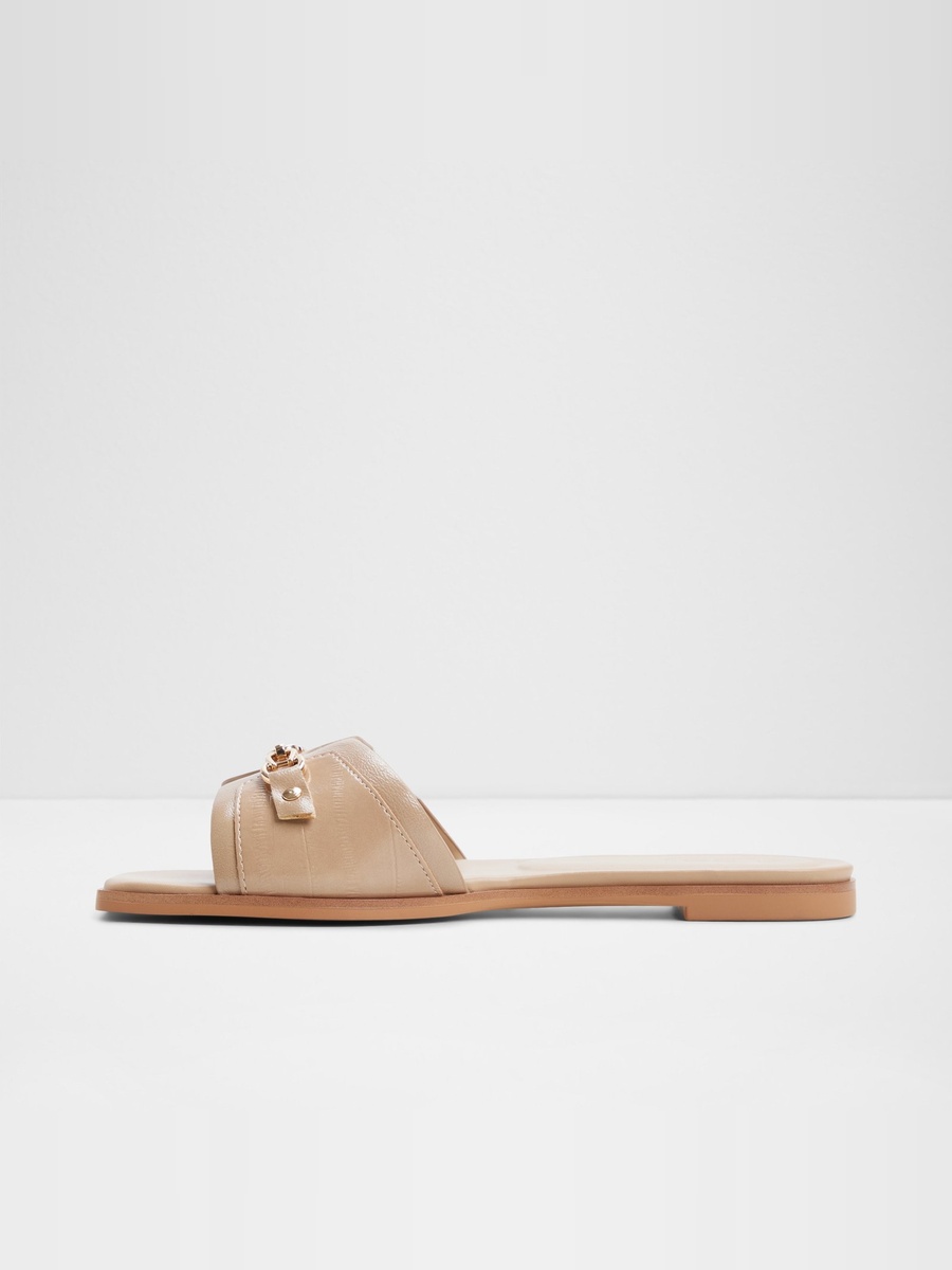 Beige Quilted Chain Detail Flat Sandals