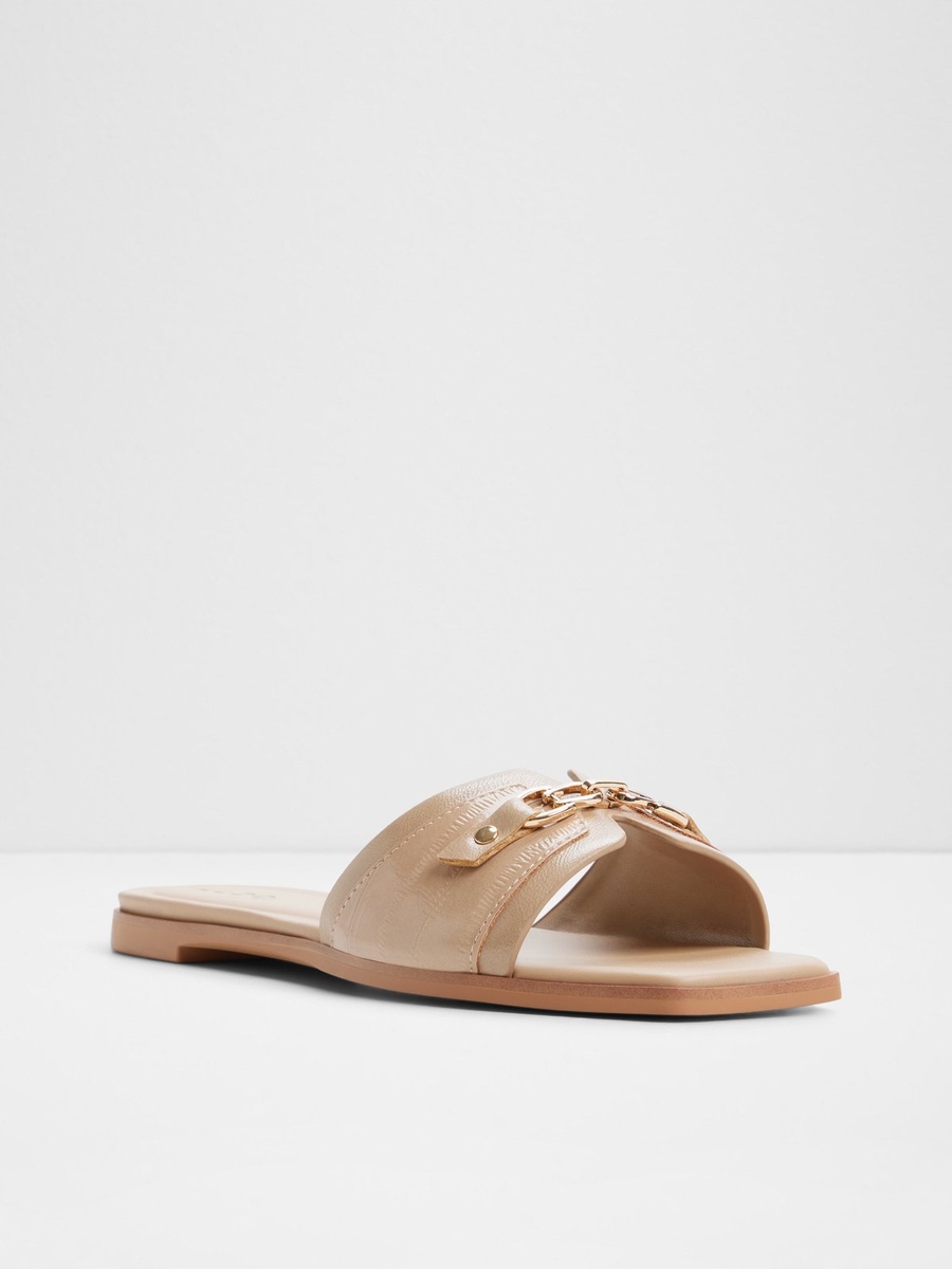 Beige Quilted Chain Detail Flat Sandals