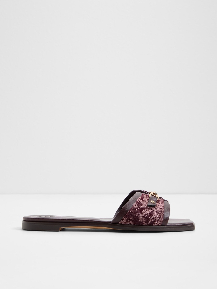 Women Burgundy Embroidered Flat Sandals