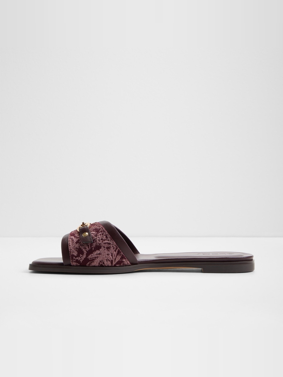 Women Burgundy Embroidered Flat Sandals
