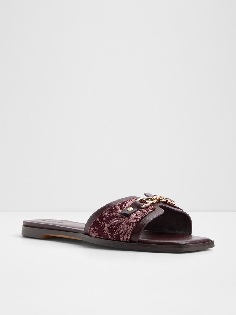 Women Burgundy Embroidered Flat Sandals